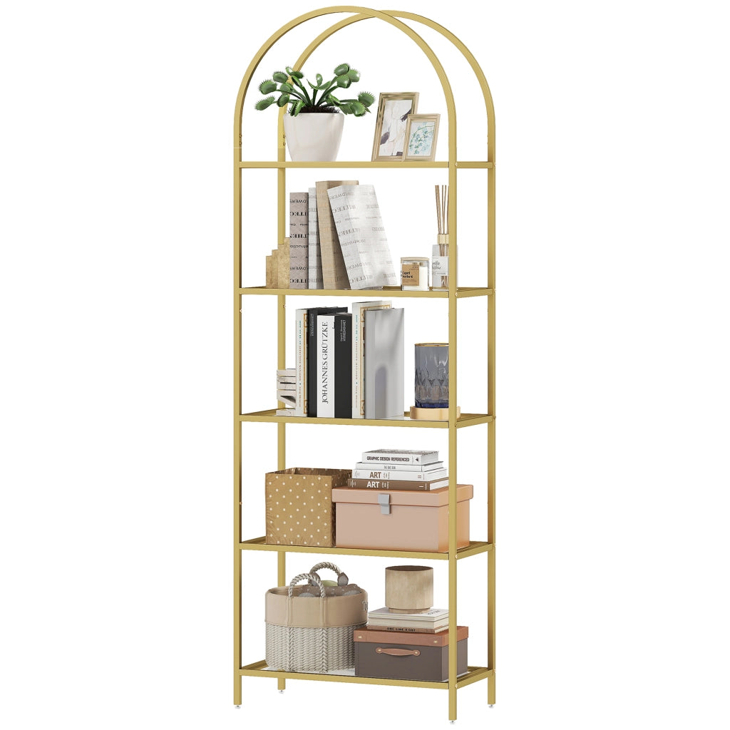 Libreria a 5 livelli in vetro arcuata ¨C zephmum ¨C dorato 60x30x175 cm