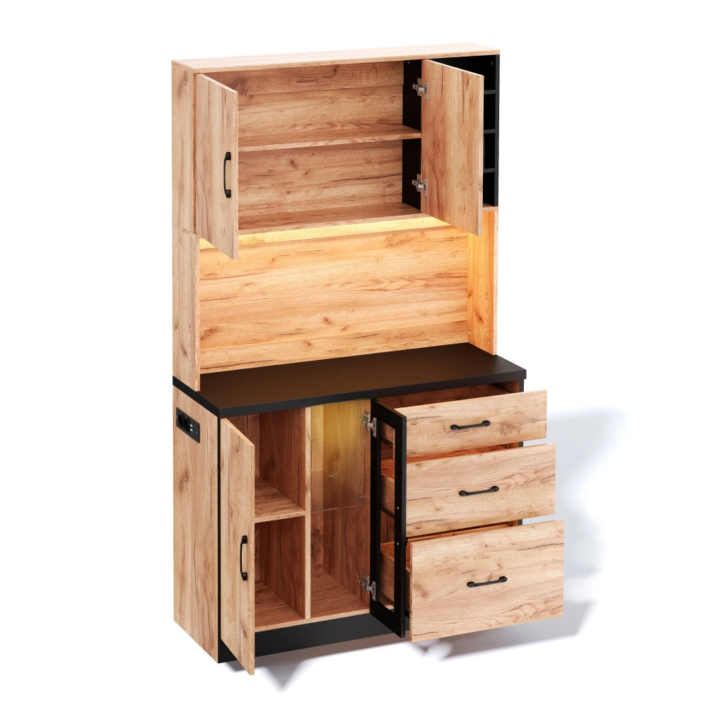Colonna da cucina con LED, 3 cassetti, vani con ripiani regolabili e prese, in MDF neutro, 105 × 40 × 180 cm