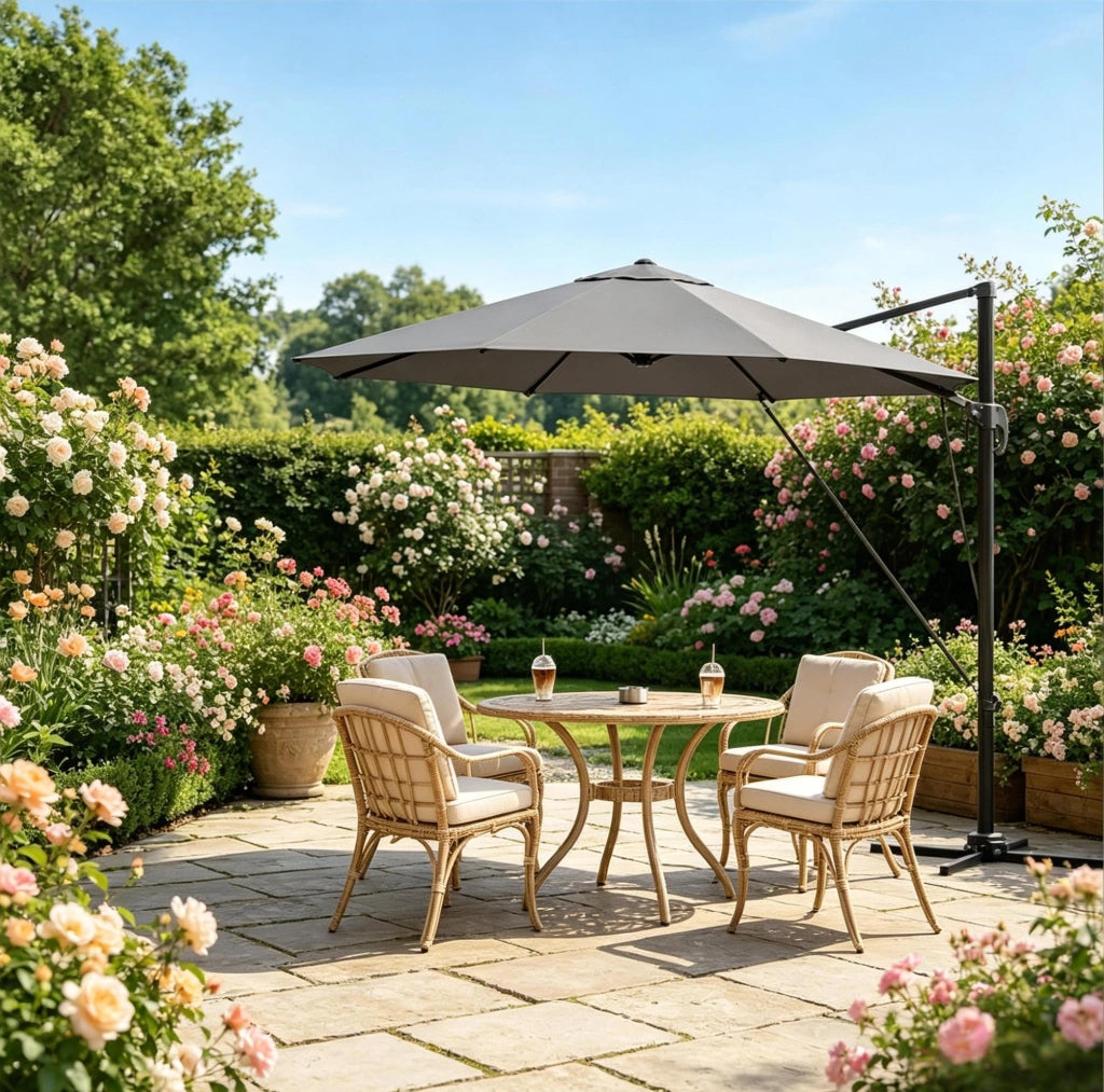 Ombrellone da giardino 3 m girevole 360° con base a croce, grigio scuro