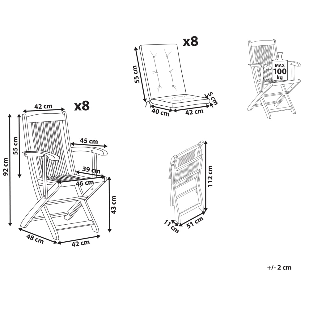 Set di 8 sedie da giardino pieghevoli in legno di acacia con cuscini blu in tessuto resistente ai raggi UV e all'acqua