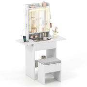 Tavolo cosmetico con piano in vetro e sgabello con contenitore, Tavolo da trucco con specchio e luci-Tavoli da trucco