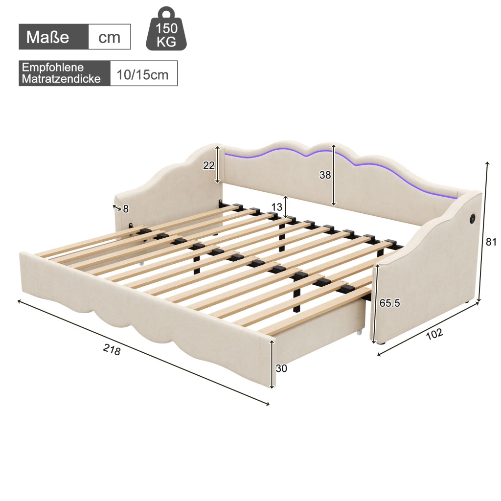 Letto pieghevole funzione 2 in 1 velluto beige 90x200 cm