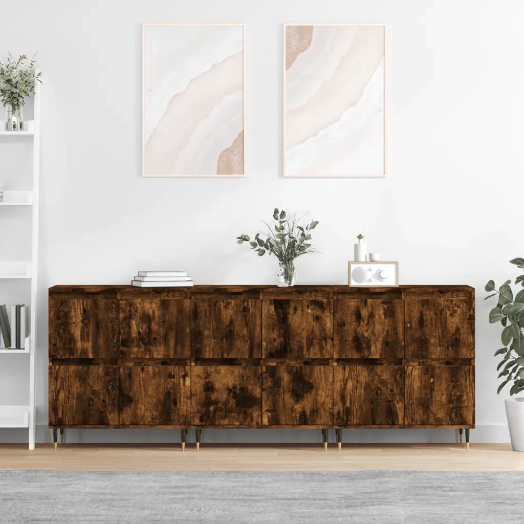 Credenze 3 pz | Madia | Buffet da pranzo | Armadio da pranzo Rovere Fumo in Legno Multistrato