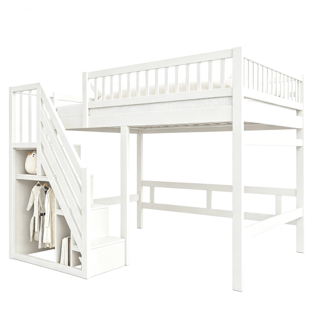 Letto in legno 140x200 con scala contenitore e sponde alte