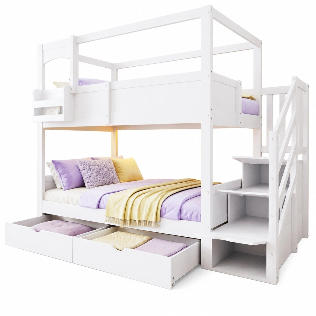 Letto a castello 2 posti con ripiano removibile; lavagna; 2 cassetti; senza materasso; in legno; bianco