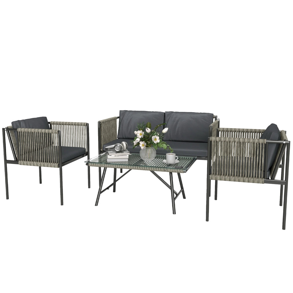 Set salotto da giardino ¨C zephmum ¨C 1 divano, 2 poltrone, tavolino con vetro, grigio