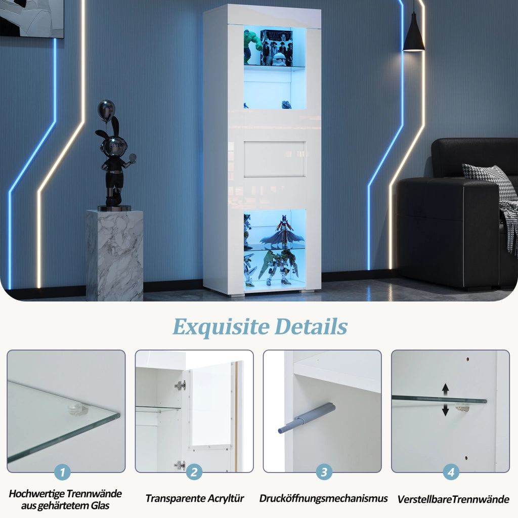 Vetrina con LED e 1 anta, 4 vani e ripiani regolabili, per soggiorno, in MDF e vetro, bianco, 60 × 40 × 170 cm