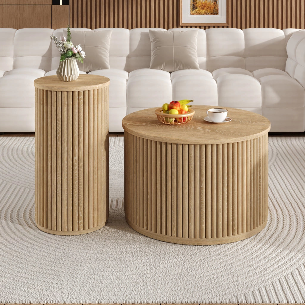 TAVOLINO da caffè Set da 2 pezzi rotondo 60x60x38,5 cm + 30x30x56 cm MDF Naturale