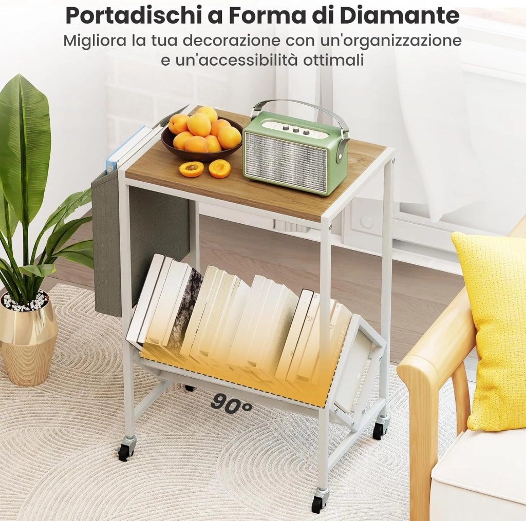 Supporto per Giradischi, Porta Dischi Vinili in Legno e Metallo, Mobile con Tasca Organizer e Ruote, Fino a 200 Album, per Soggiorno, Studio e Camera da Letto (Naturale + Bianco)