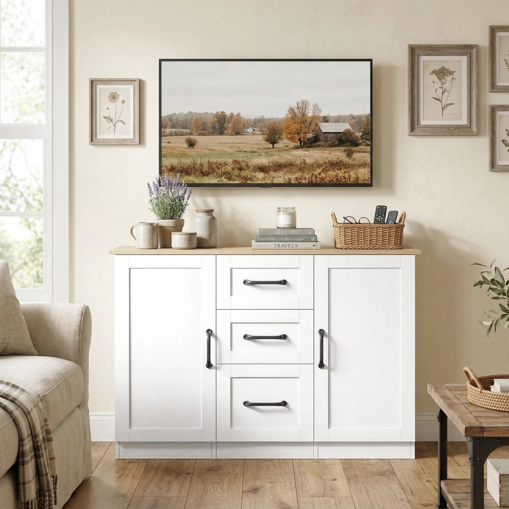 Cassettiera con ante ¨C zephmum ¨C 110x35x80,4cm bianco e legno naturale