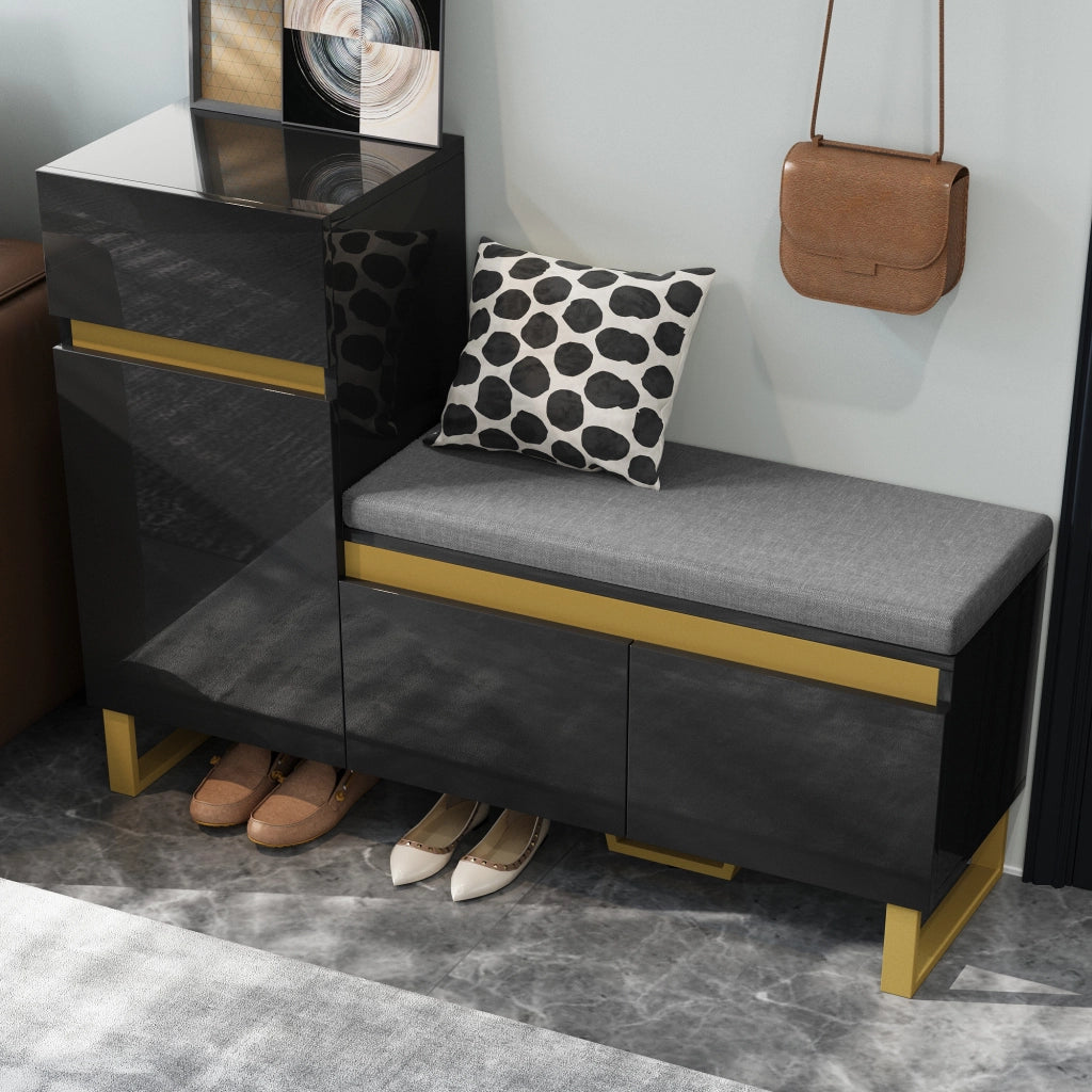 Mobile Porta Scarpe con 2 Ante e 1 Cassetto; Panca Porta Scarpe con Cuscino; Finitura Lucida; in MDF; Nero; 120×35×85 cm