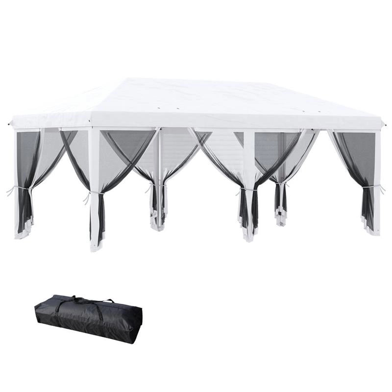 GAZEBO PIEGHEVOLE CON 6 TENDE ZANZARIERA E STRUTTURA IN ACCIAIO, 585X295X270CM, BIANCO CREMA