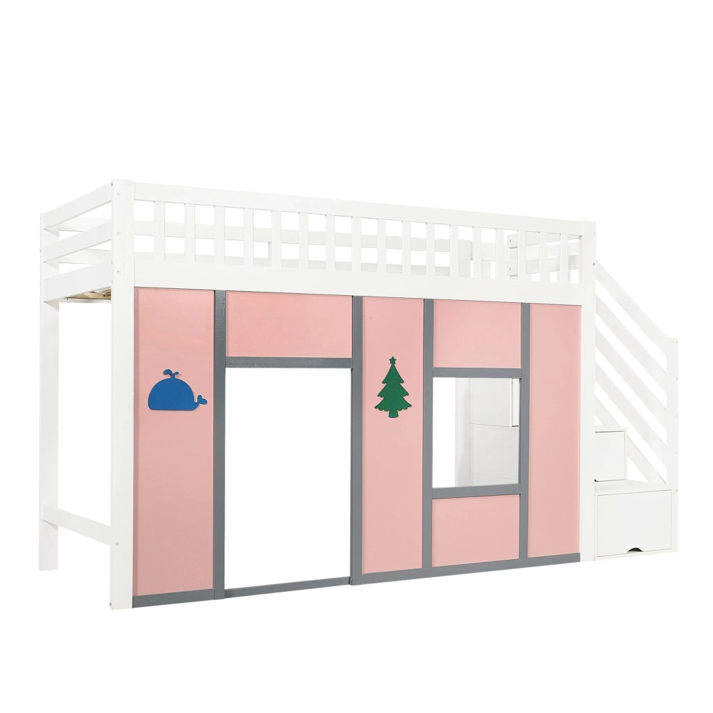Letto a semisoppalco 90x200 cm con scala contenitore e LED in legno e MDF bianco e rosa
