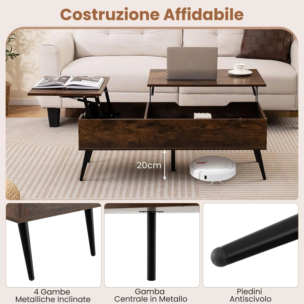 Tavolino da Caffè con Piano Sollevabile, Tavolino Moderno con 2 Scomparti Nascosti e Gambe in Metallo, Tavolo per Soggiorno, Studio e Ufficio, 111 x 48 x 40-53,5 cm (Marrone)