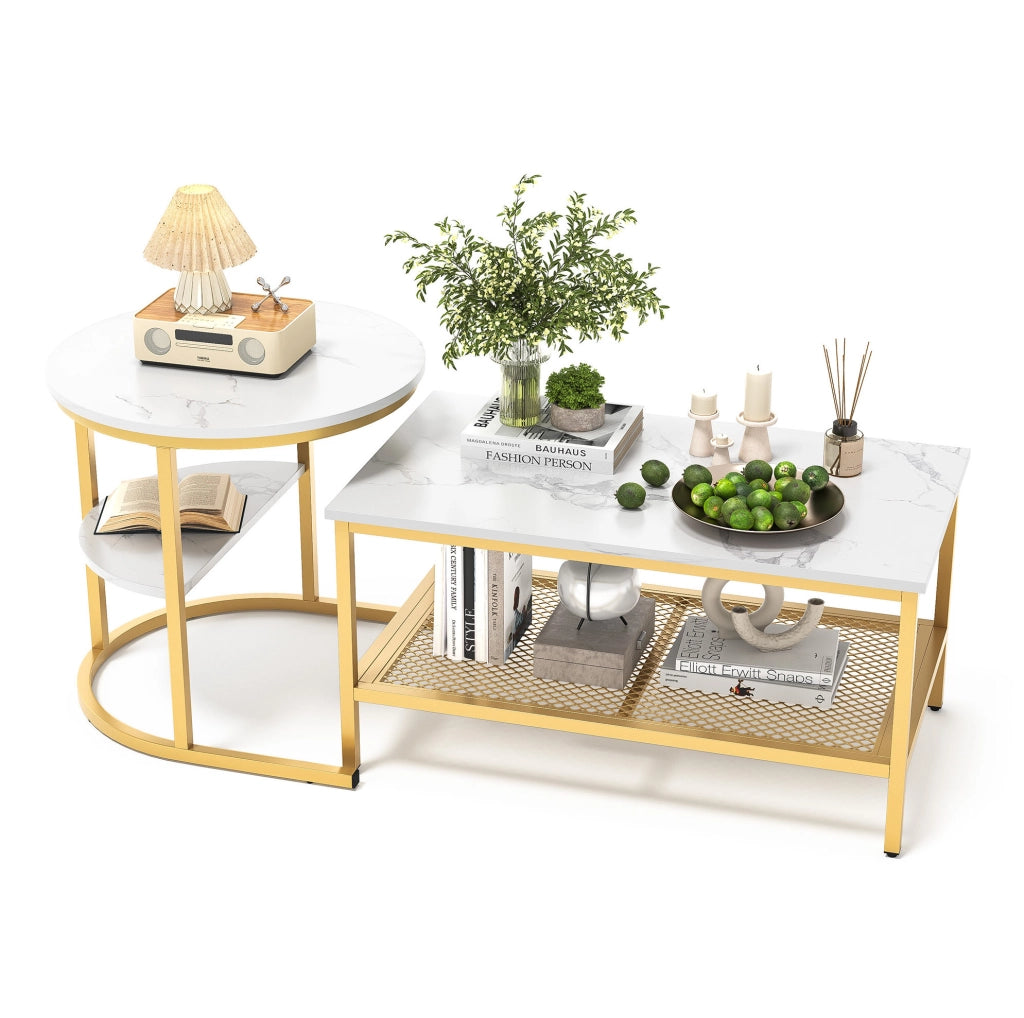 Set di tavolini da salotto impilabili con piano effetto marmo; legno e acciaio inox; oro