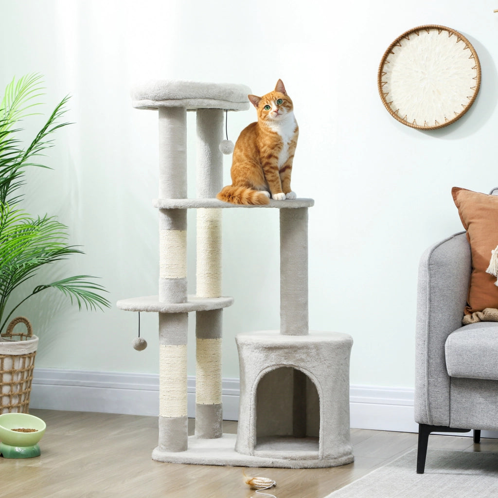 Tiragraffi per Gatti con Piattaforma e Casetta ¨C ZephMum ¨C Grigio Chiaro 114 cm