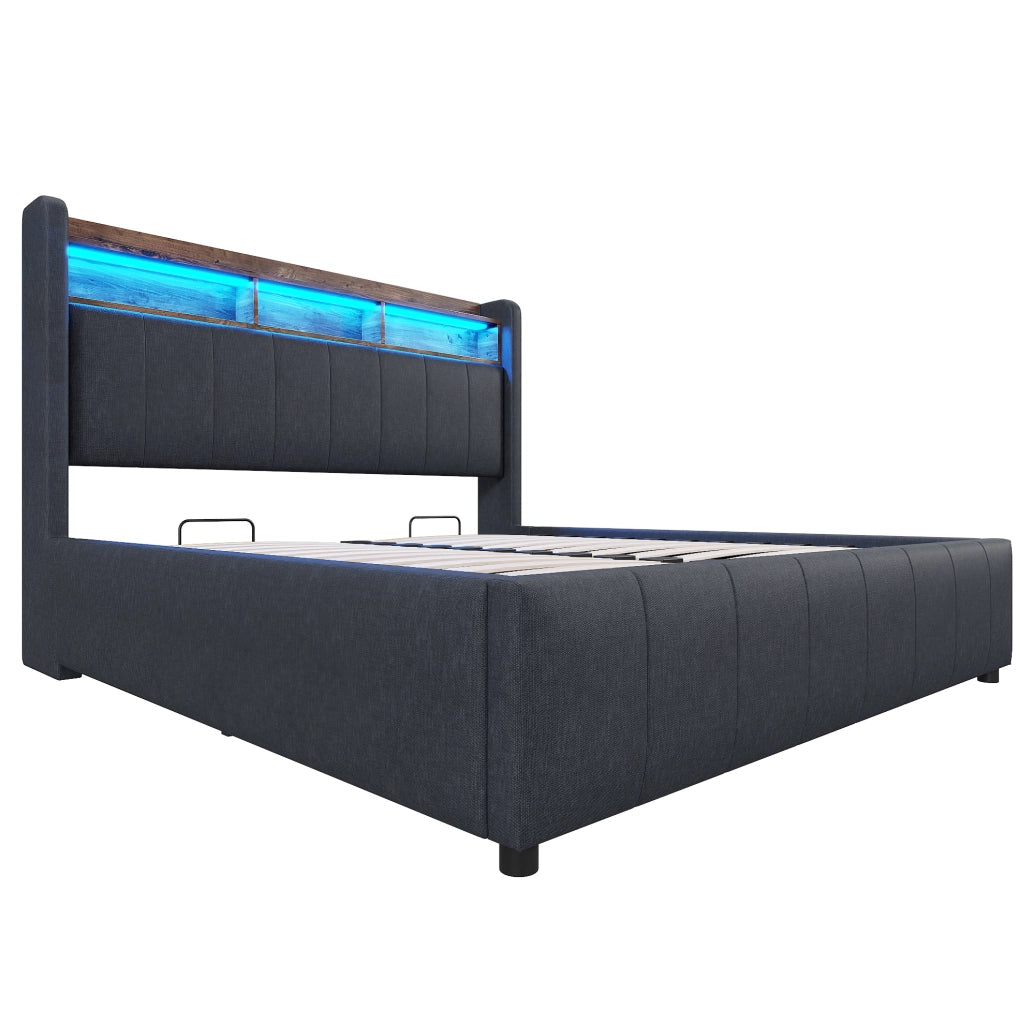 Letto imbottito 140x200 cm grigio con LED; USB e vano contenitore con sollevamento idraulico