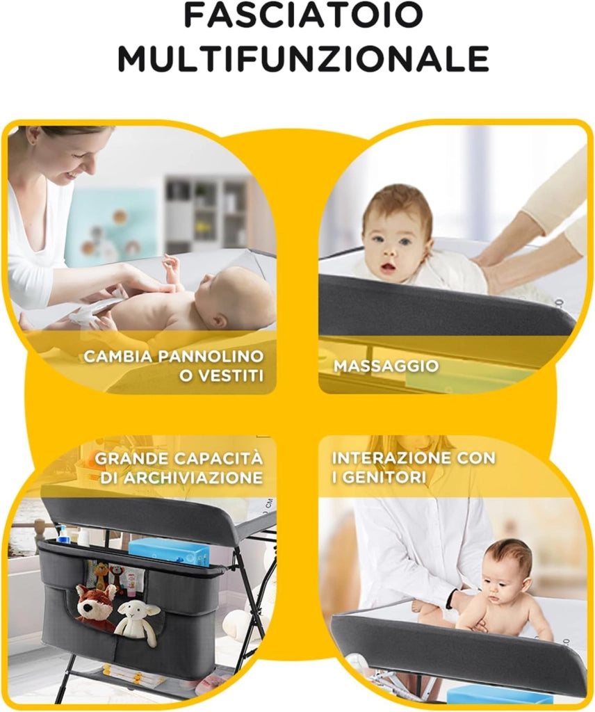 Fasciatoio Pieghevole Portatile, Bagnetto Cambio Pannolini per Bambini Neonati, con Ruote e Vaschetta, Altezza Regolabile 79.5x66x97-101 cm (Grigio)