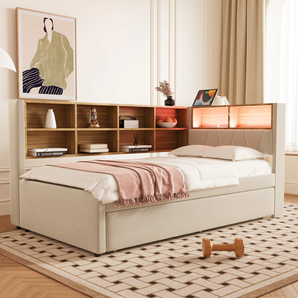 DESMIU Divano letto 90 × 200 cm 2 posti con LED, USB, Type-C e prese, vano contenitore, senza materasso, beige