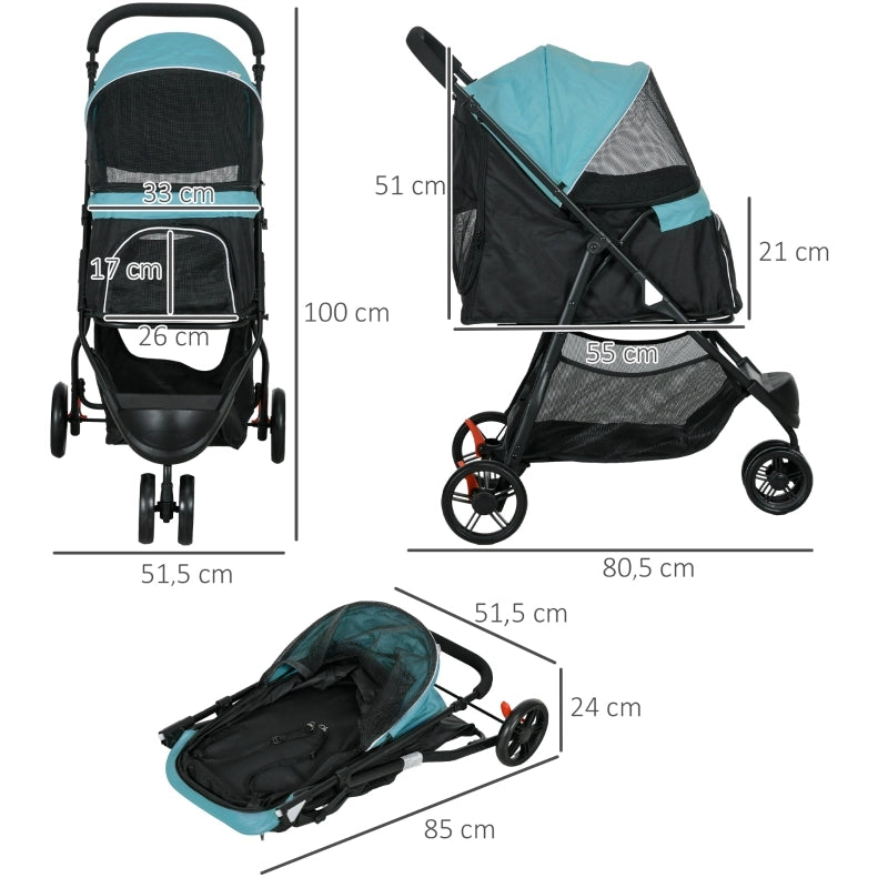 Carrello pieghevole per animali con 4 ruote, freni, sacca inferiore, copertura antipioggia, in poliestere nero e blu