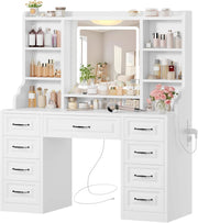 Toeletta da Trucco con Specchio, Toeletta con Luce LED, 3 Colori, Luminosità Regolabile, Postazione Trucco con 9 Cassetti e 6 Ripiani Aperti, Stile europeo elegante, Bianco