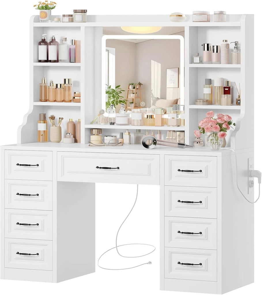 Toeletta da Trucco con Specchio, Toeletta con Luce LED, 3 Colori, Luminosità Regolabile, Postazione Trucco con 9 Cassetti e 6 Ripiani Aperti, Stile europeo elegante, Bianco