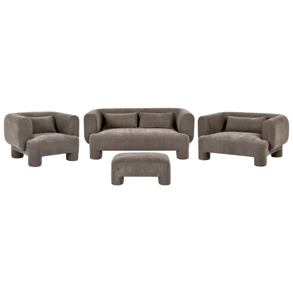 Set da salotto Divano a 3 posti in tessuto marrone morbido e sinuoso Poltrona Loveseat Pouf Stile retrò minimalista