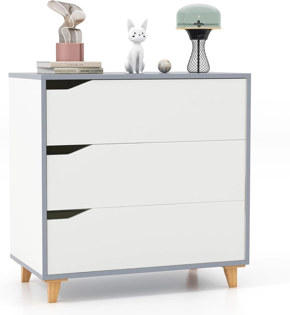 Cassettiera in legno con 3 cassetti, cassettiera autoportante, con chiusura antiribaltamento, moderno armadietto con gambe in legno massiccio, comodino, 75 x 42 x 75 cm