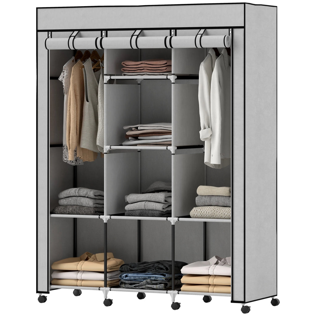 Armadio con ante in tessuto ¨C zephmum ¨C grigio, 8 ripiani, 2 appendiabiti