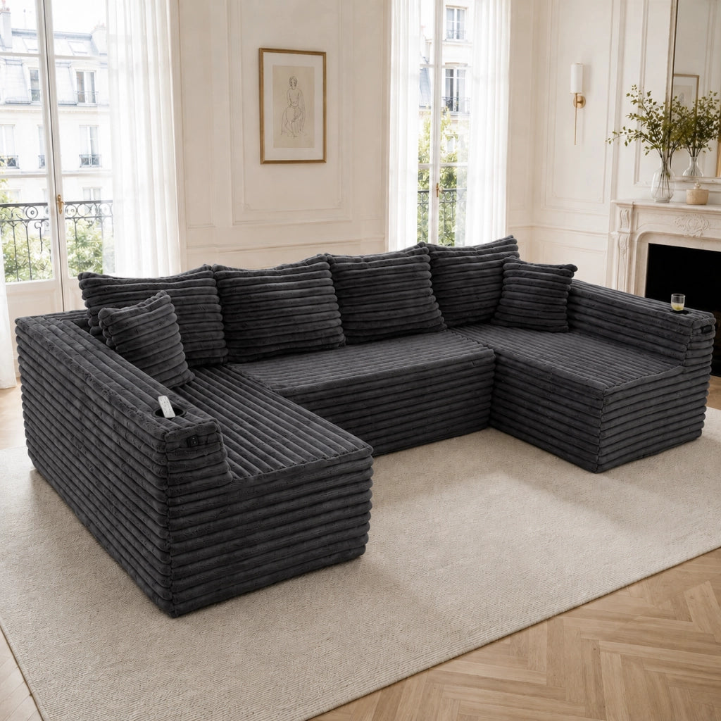 Divano modulare a U in corduroy con portabicchieri e tasca laterale cuscini grigio scuro 320 × 155 × 88 cm