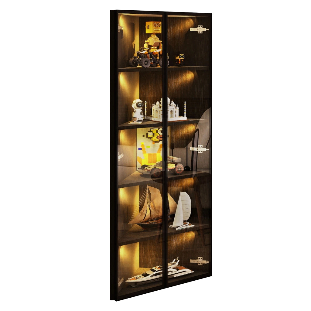 Vetrina ad angolo con 2 Ante; 4 Ripiani e LED per Soggiorno in MDF e Vetro 62×35×160 cm Nero