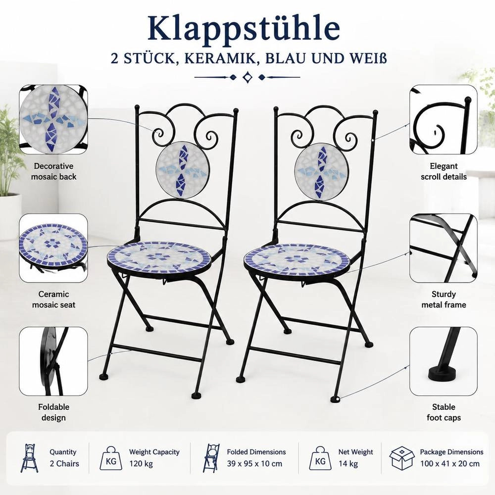 Bistro Chairs, Folding, 2 Pieces, Ceramic, Blue And White