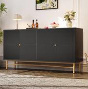 Credenza nera 160 cm con 4 ante a rilievo, maniglie dorate e chiusura ammortizzata
