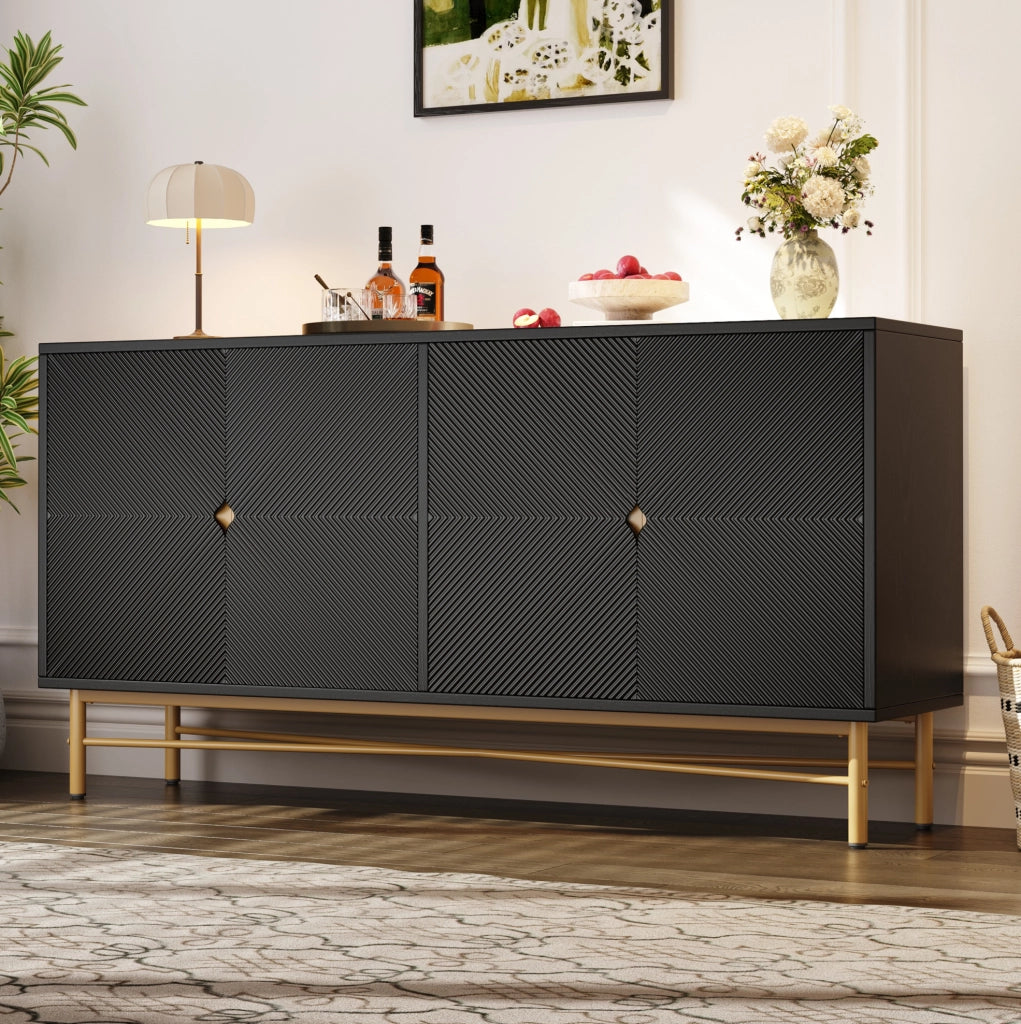 Credenza nera 160 cm con 4 ante a rilievo, maniglie dorate e chiusura ammortizzata