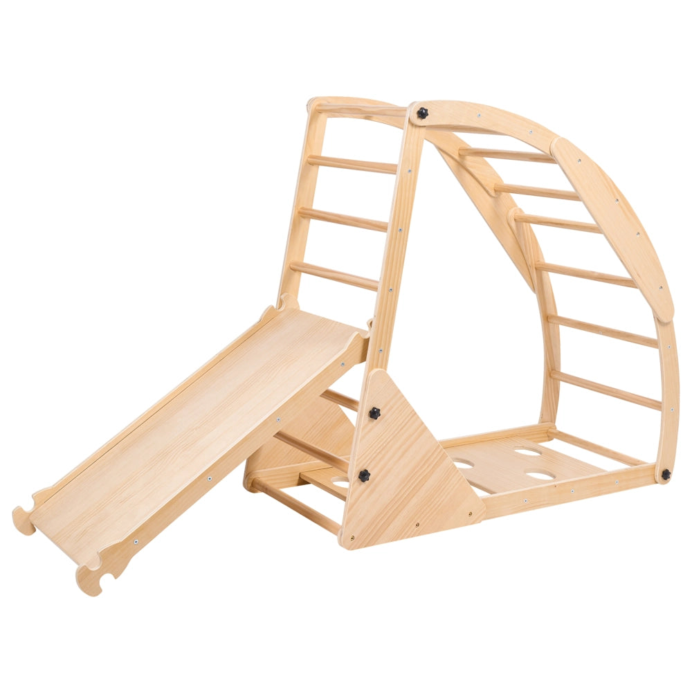 Set triangolare Pikler in legno di pino marrone chiaro, struttura da arrampicata Montessori 4 in 1 con arco e rampa, per la cameretta dei bambini