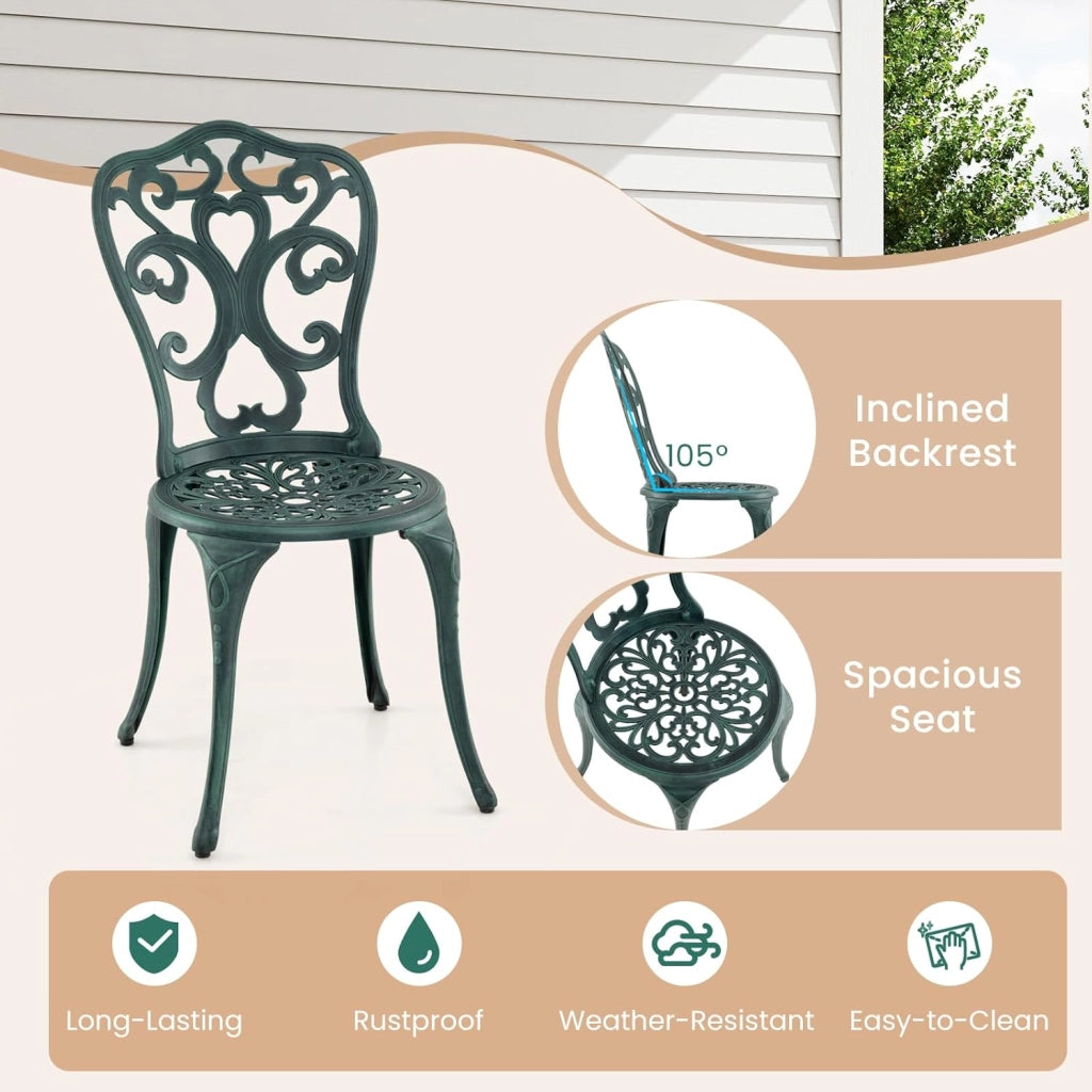 Set da Giardino Esterno in 3 Pezzi in Accaccio, Set da Bistrò con Foro per Ombrellone, Tavolo Portato 90 kg e 2 Sedie Portate 180 kg, Arredamento per Balcone, Patio, Terrazzo (Verde)