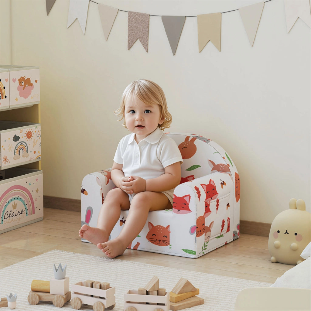 Poltrona Bambini con Stampa Volpe ¨C Xylo ¨C Tessuto Bianco con Tasca 54x40x43cm