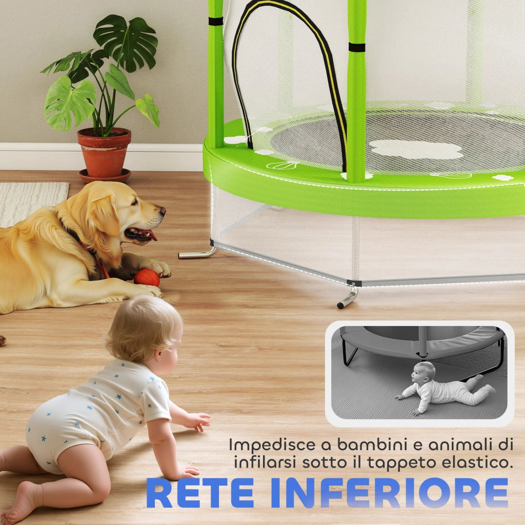 Trampolino Elastico per Bambini ?140 cm con Rete di Sicurezza e Disegni, Et¨¤ 3-6 Anni, Verde