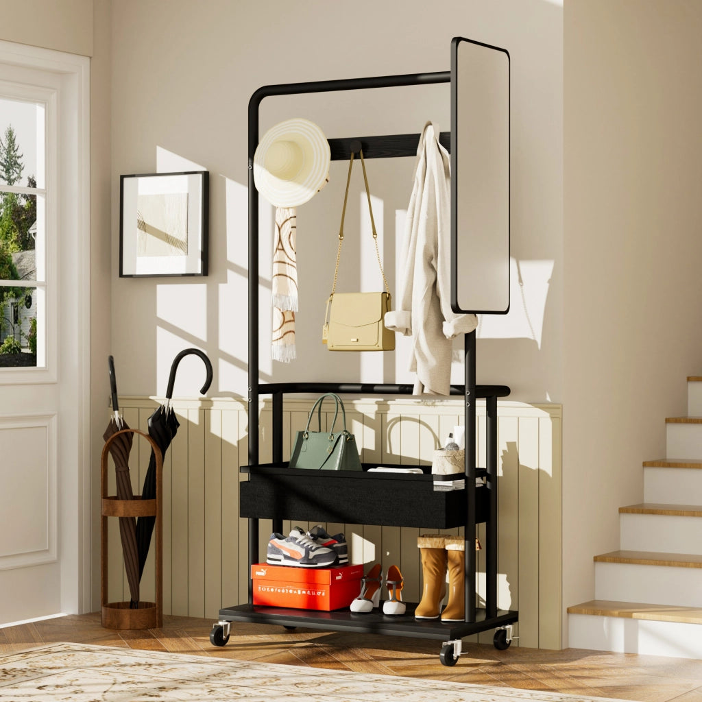 Armadio modulare aperto con vano appendiabiti; specchio e ruote - per ingresso - 70×40×170 cm - nero