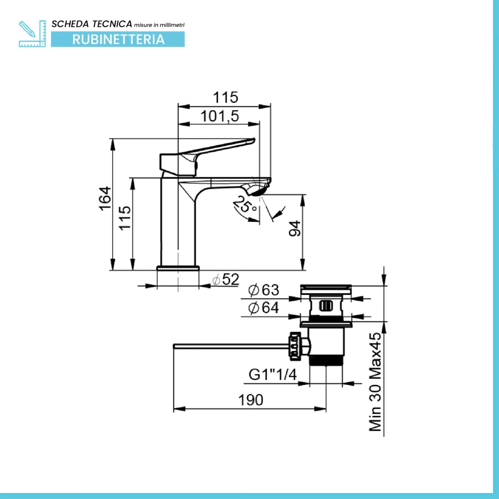 Miscelatore lavabo in ottone cromato con piletta Linea Aurora