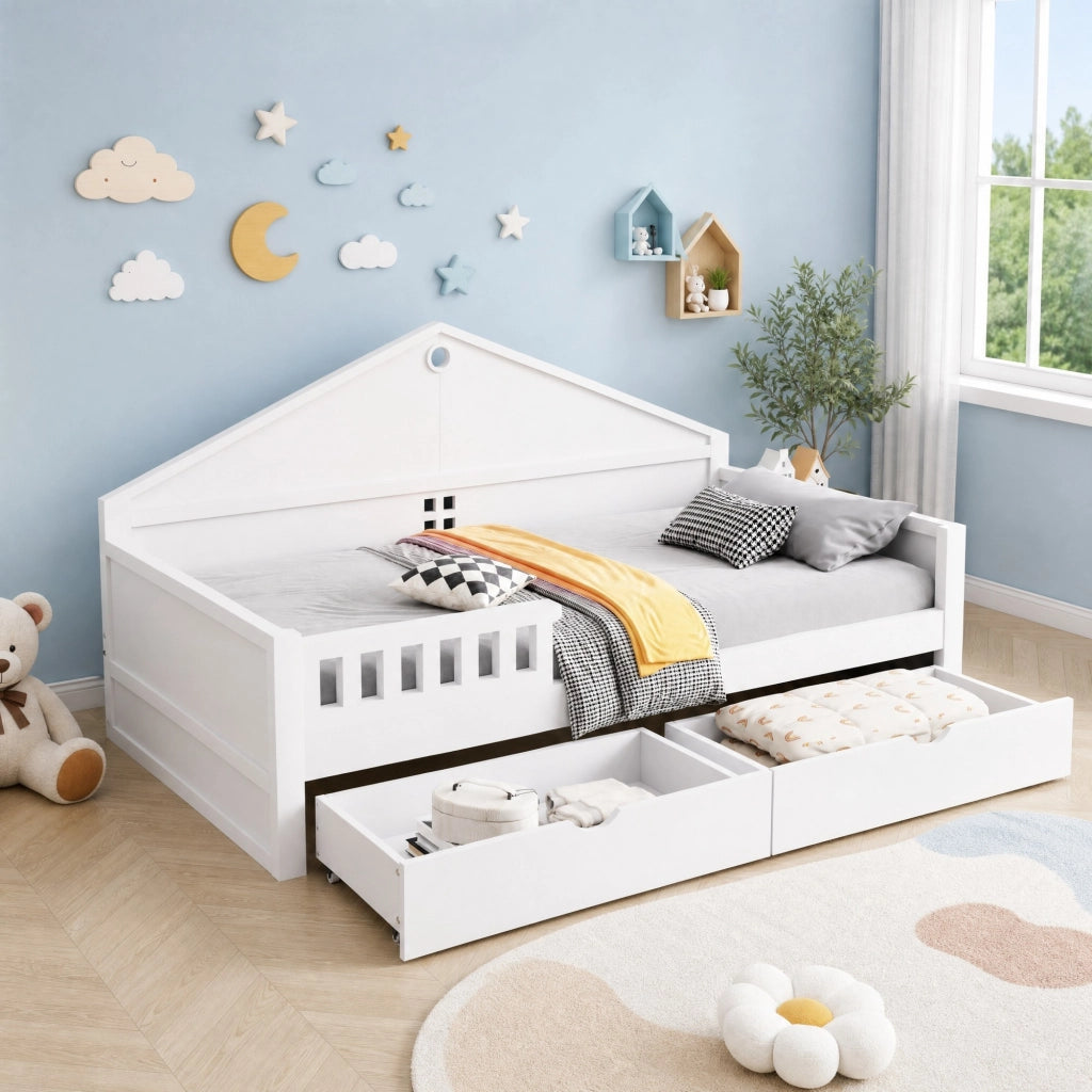 Letto singolo multifunzione 90x200 cm con LED e 2 cassetti; in legno massello e MDF; bianco