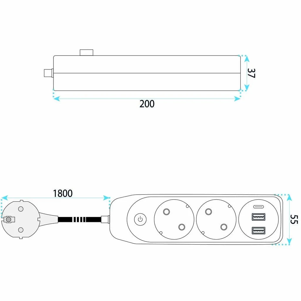 Multipresa Con Prolunga, 2 Prese + 2 Porte Usb-a + Usb-c Jnh023-2b Black