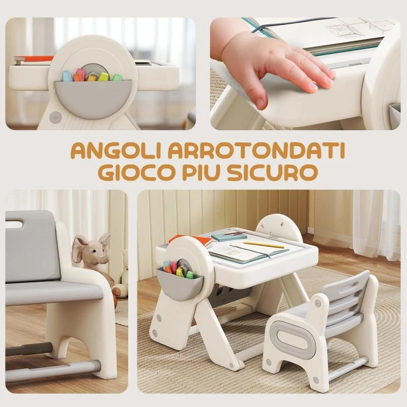 TAVOLO MULTIUSO PER BAMBINI CON RIPIANO CONTENITORE E CASSETTI, IN HDPE E PP, GRIGIO E BIANCO