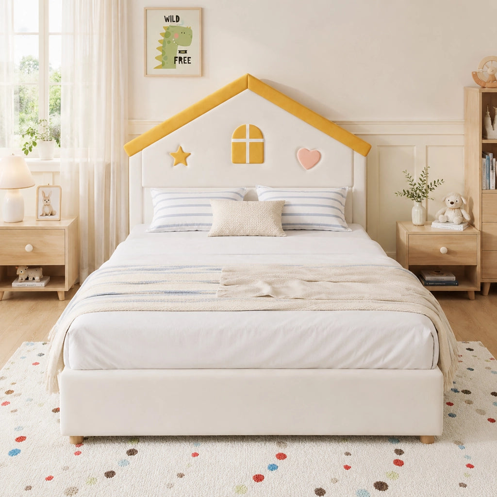 Letto per bambini 140 × 200 cm con testiera a casetta e 4 cassetti, senza materasso, in velluto beige