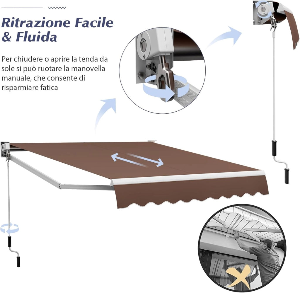 Tenda da Sole per Esterno Avvolgibile, Tenda da Sole a Bracci Estensibili con Telaio in Alluminio e Tettuccio Resistente al Sole e Impermeabile e Manovella (Marrone, 295 x 250 cm)