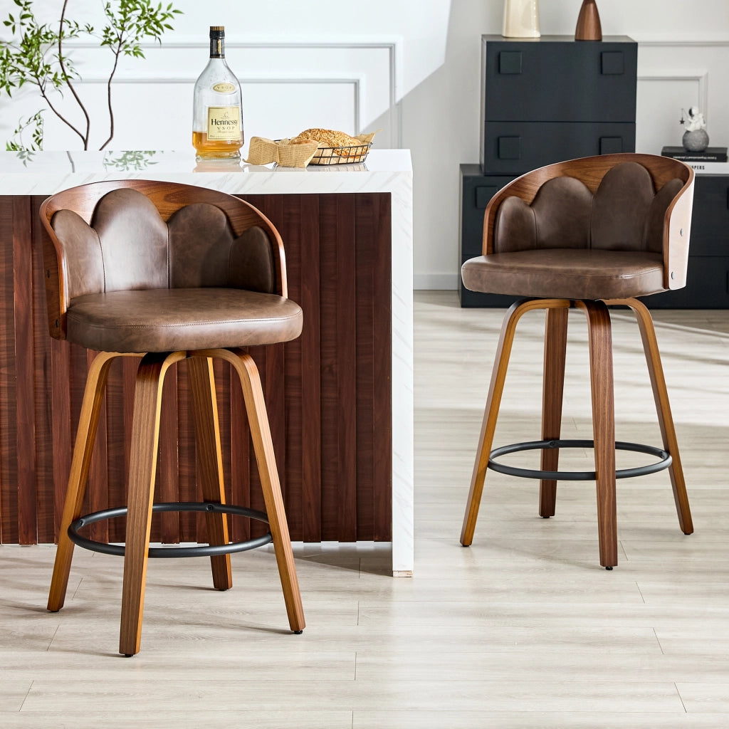 Sgabello da bar con schienale a fiore in legno curvato e PU con poggiapiedi in metallo marrone 64,5 × 53 × 47 cm