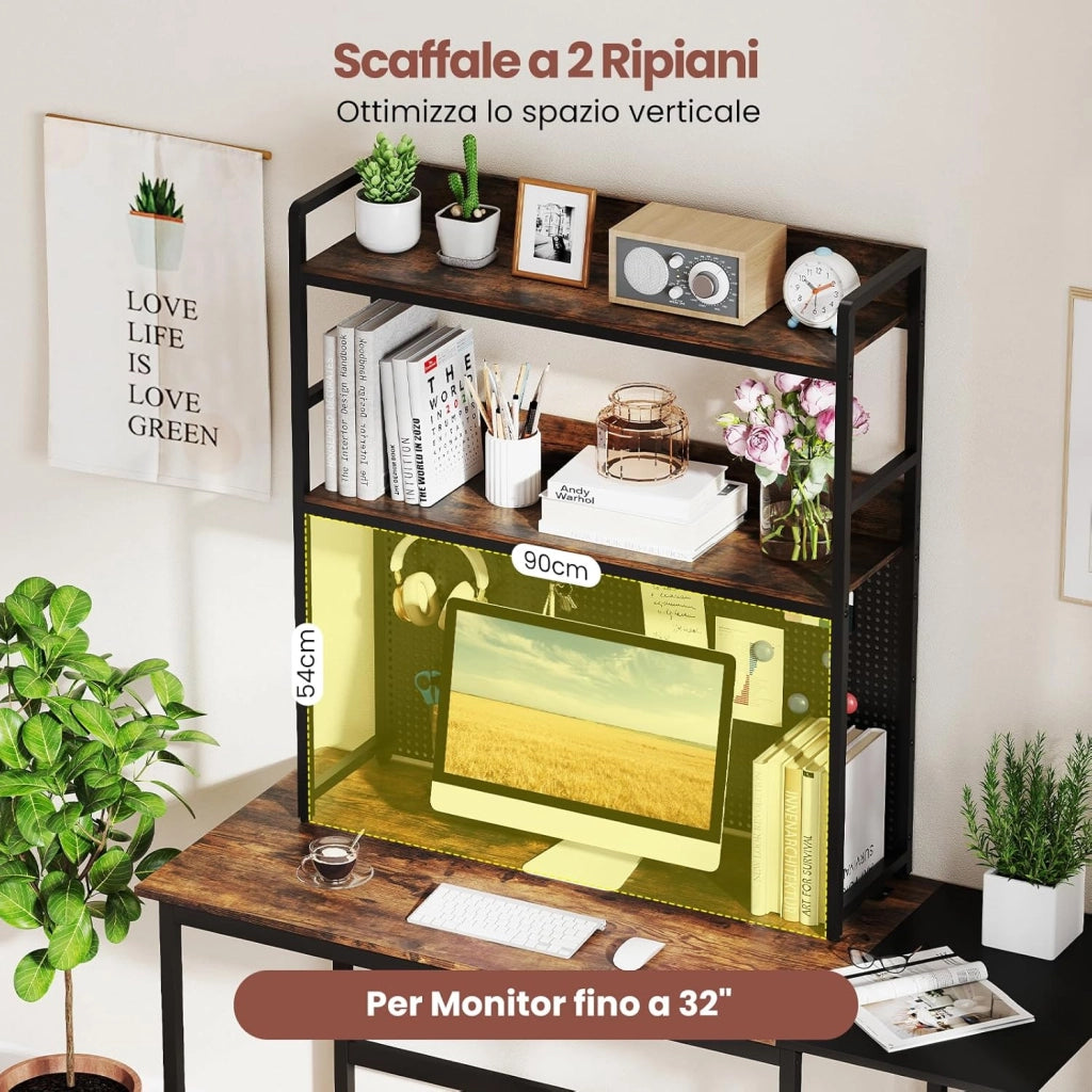 Libreria da Scrivania a 2 Livelli, Scaffale da Tavolo Industriale per Monitor di Computer Fino a 32", Organizzatore di Stoccaggio con Pegboard, per Dormitorio Ufficio e Casa, 94x27x103 cm