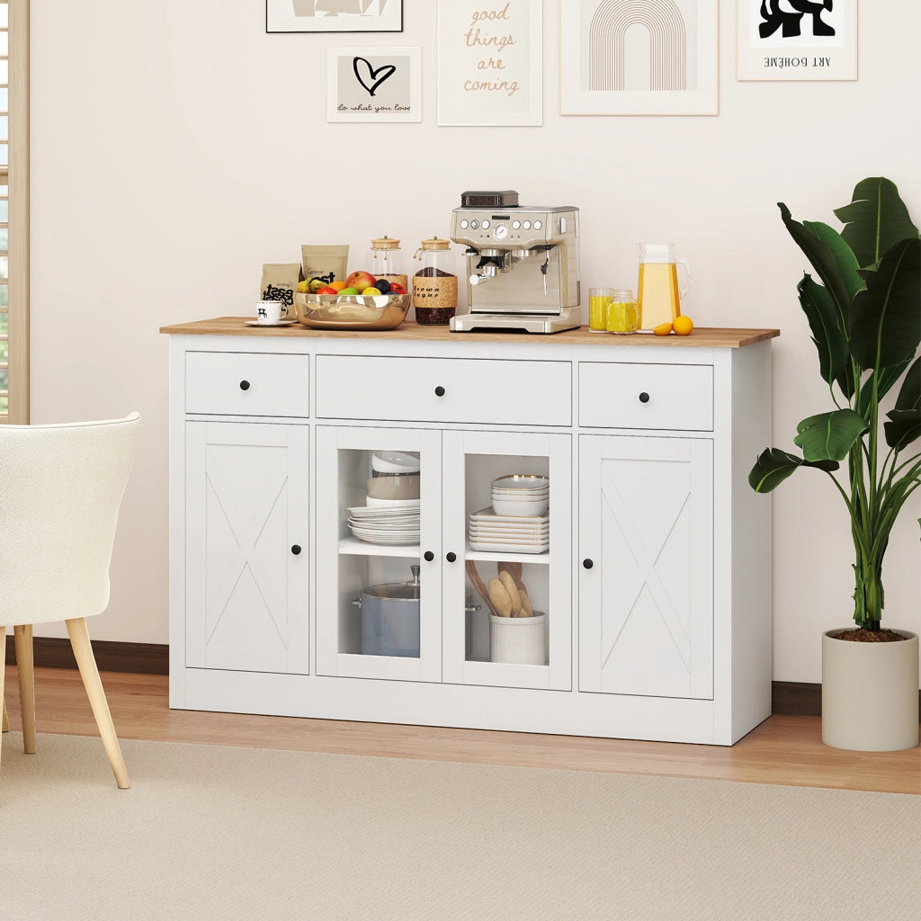 Buffet laterale grande 140 cm con 3 cassetti 2 ante trasparenti-Armadio da Cucina Mobiletto moderno con ripiani regolabili per sala pranzo Bianco