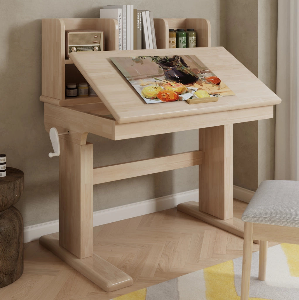 Scrivania per bambini 92.2x60x89 cm regolabile in altezza con piano inclinabile; legno naturale