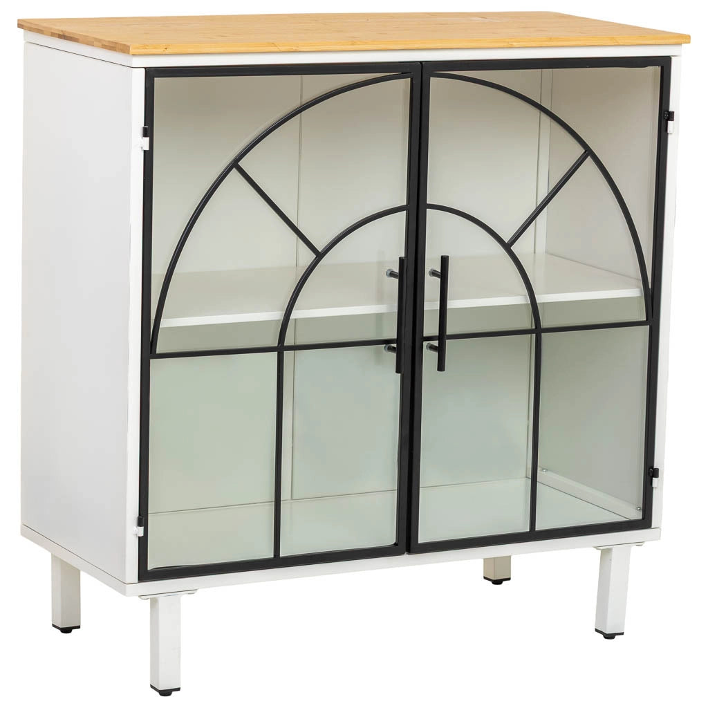 Credenza in vetro, metallo e legno, 2 ante, bianco81x35,5x80h cm